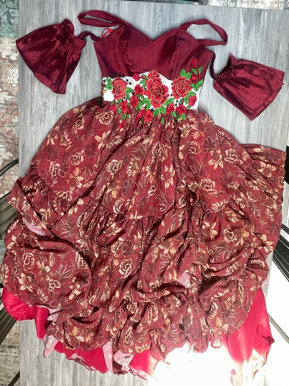 Deep Red/Burgundy Floral Appliqué Theatrical Ball Gown with Puff Sleeves